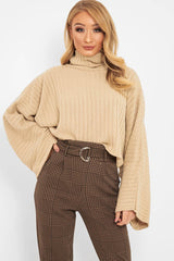 Brown Black Houndstooth Belted Tapered Trousers - Aasia-Trousers