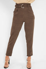 Brown Black Houndstooth Belted Tapered Trousers - Aasia-Trousers