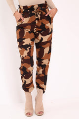 Brown Camo Paper Bag Tie Waist Trousers - Ryana-Trousers
