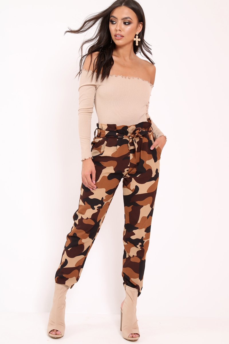 Brown Camo Paper Bag Tie Waist Trousers - Ryana-Trousers