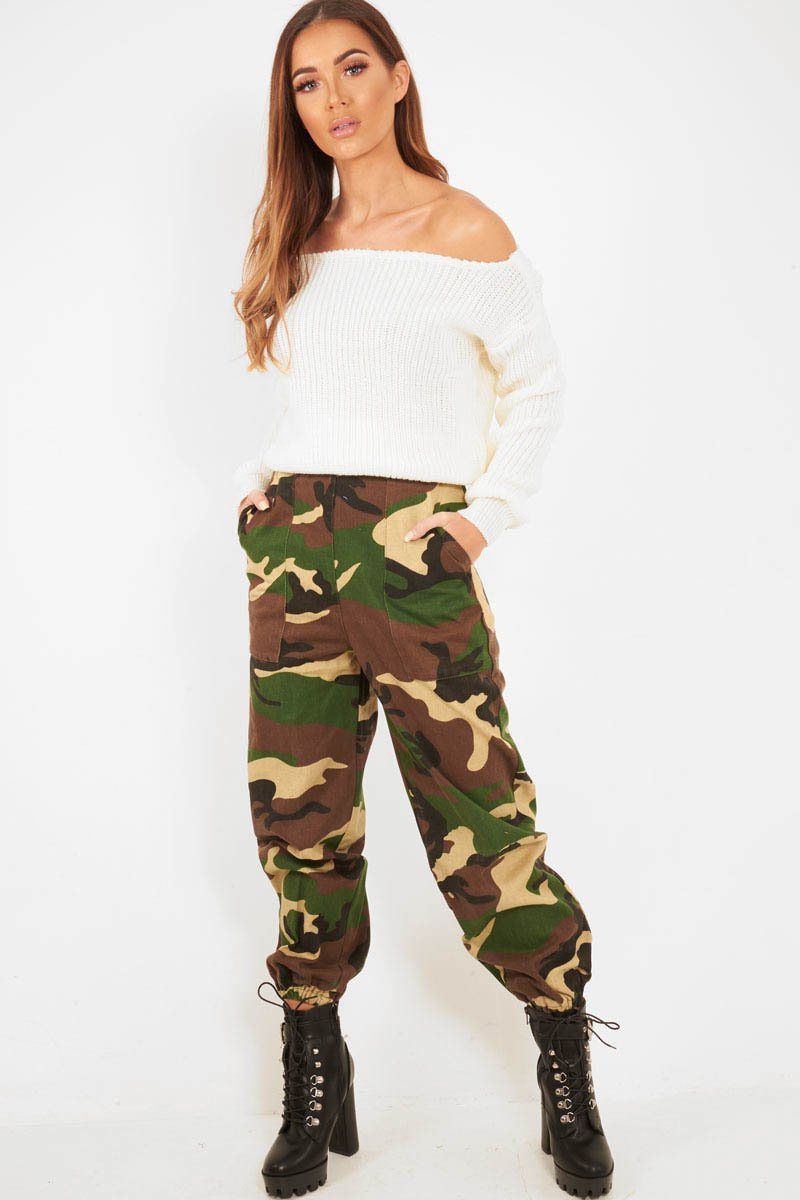 Brown Camo Print Denim Cuffed Cargo Trousers - Aryan-Trousers