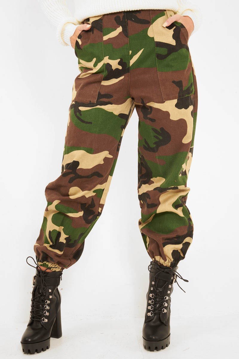 Brown Camo Print Denim Cuffed Cargo Trousers - Aryan-Trousers