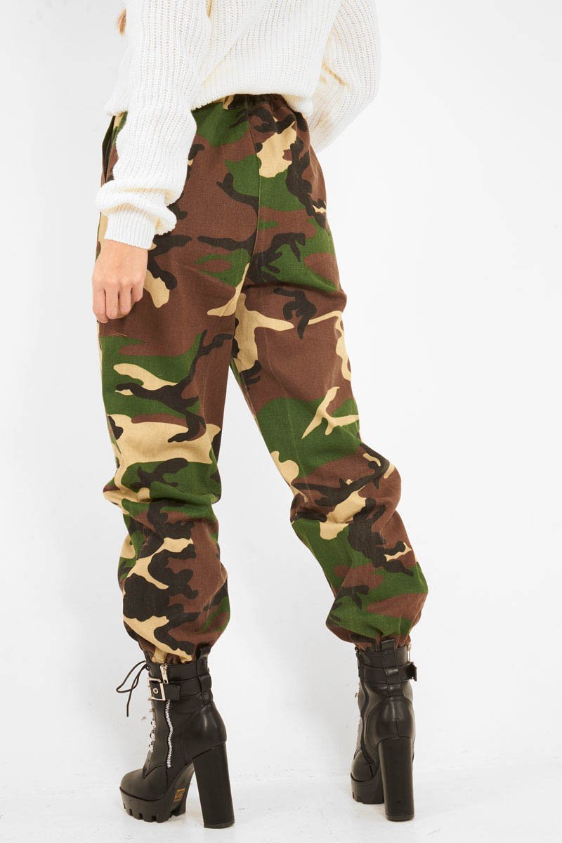 Brown Camo Print Denim Cuffed Cargo Trousers - Aryan-Trousers