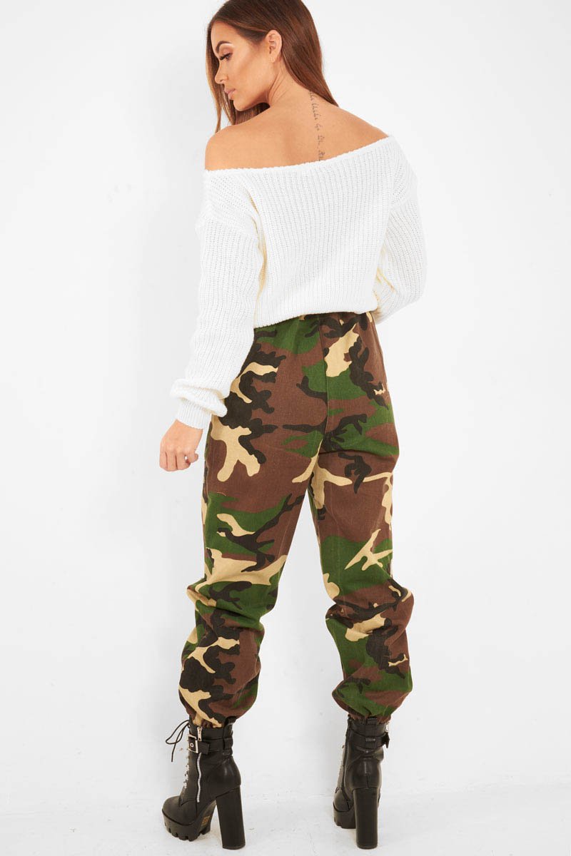 Brown Camo Print Denim Cuffed Cargo Trousers - Aryan-Trousers
