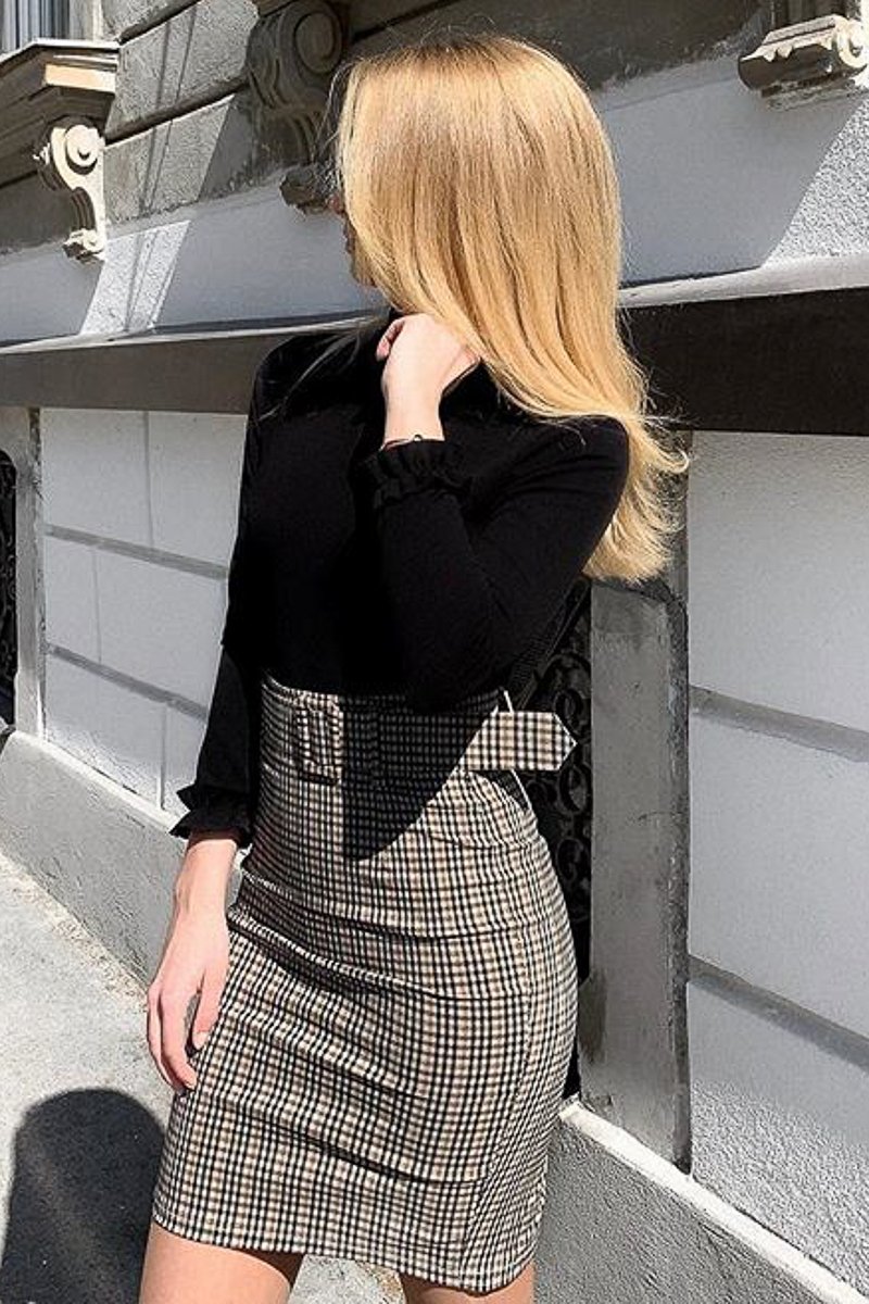 Brown Check Belted Tailored Mini Skirt - Fiona-Skirts