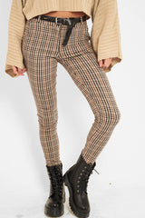 Brown Check Belted Tapered Trousers - Kierra-Trousers