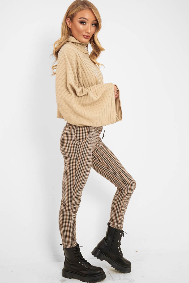 Brown Check Belted Tapered Trousers - Kierra-Trousers