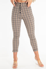Brown Check Button Front Skinny Leg Trousers - Simone-Trousers