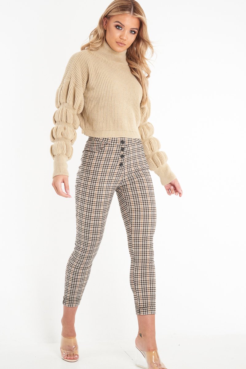 Brown Check Button Front Skinny Leg Trousers - Simone-Trousers