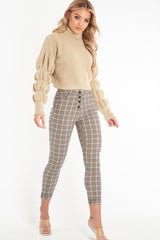 Brown Check Button Front Skinny Leg Trousers - Simone-Trousers