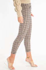 Brown Check Button Front Skinny Leg Trousers - Simone-Trousers