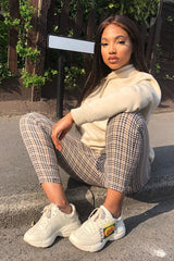 Brown Check Button Front Skinny Leg Trousers - Simone-Trousers