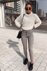 Brown Check Button Front Skinny Leg Trousers - Simone-Trousers