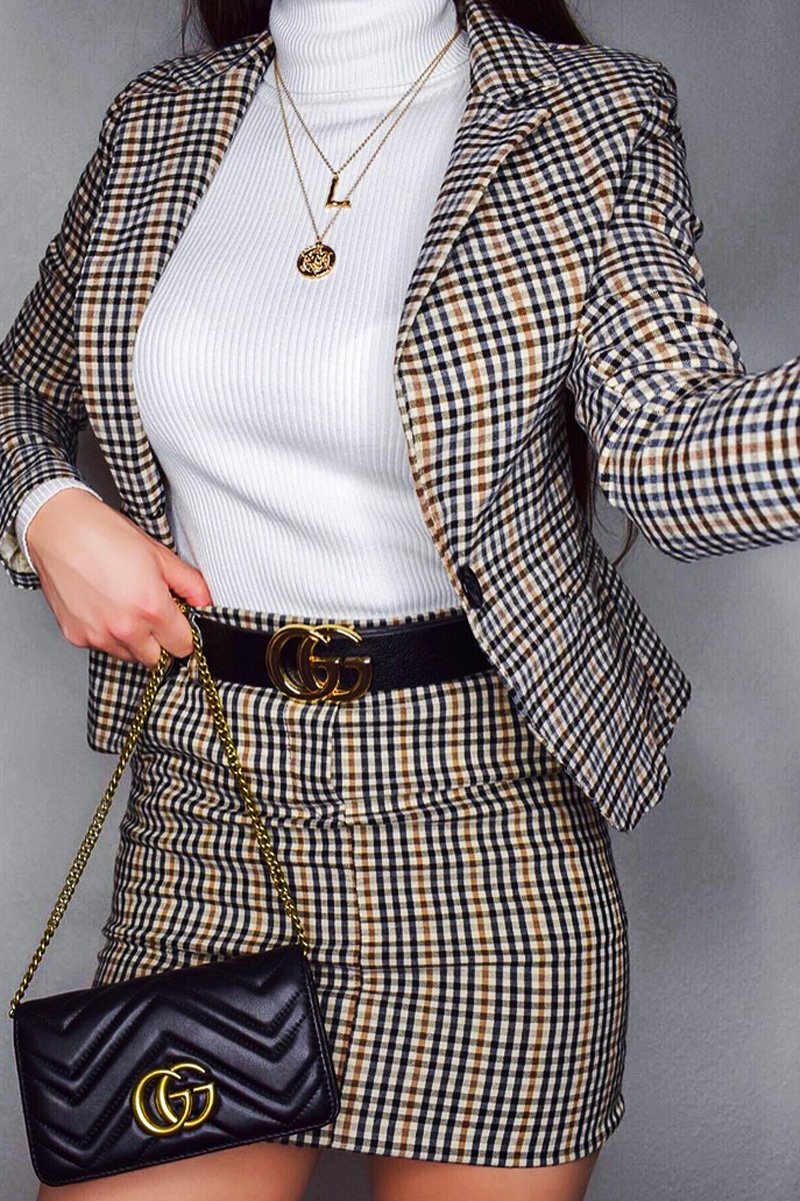 Brown Check Crop Button Front Blazer - Annalei-Blazers