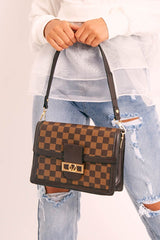Brown Check Faux Leather Shoulder Bag - Mirielle-Bags