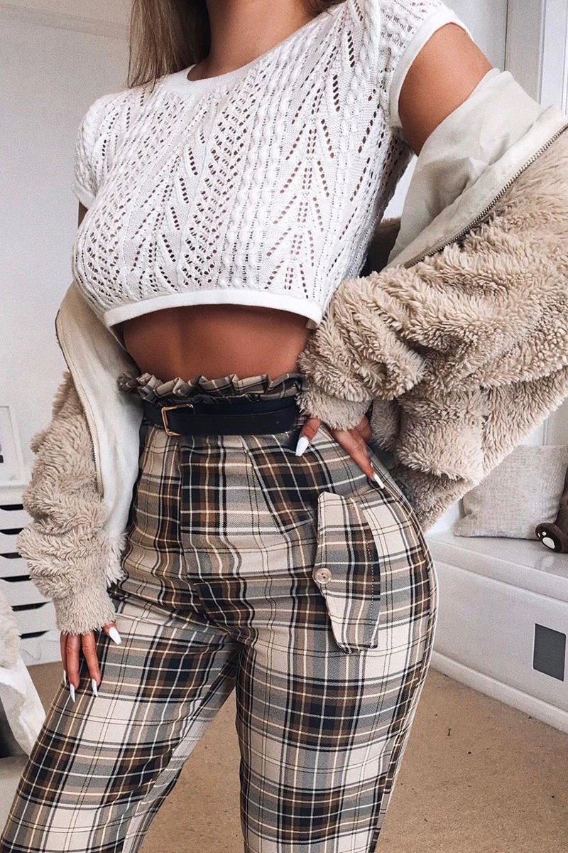 Brown Check Frill Detail Trousers - Bristal-Trousers
