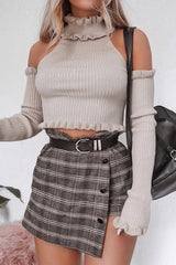 Brown Check Gold Buttoned Skort - Lawrence-Skirts