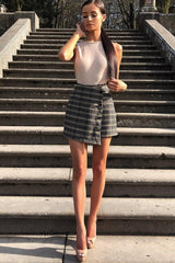 Brown Check Gold Buttoned Skort - Lawrence-Skirts