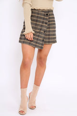 Brown Check Gold Buttoned Skort - Lawrence-Skirts