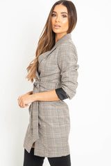 Brown Check Horn Button Belted Blazer Dress - Portlyn-Dresses