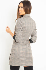 Brown Check Horn Button Belted Blazer Dress - Portlyn-Dresses