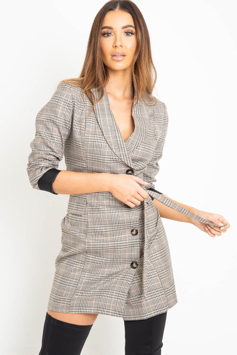Brown Check Horn Button Belted Blazer Dress - Portlyn-Dresses