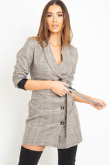 Brown Check Horn Button Belted Blazer Dress - Portlyn-Dresses