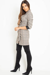 Brown Check Horn Button Belted Blazer Dress - Portlyn-Dresses
