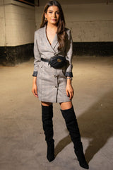 Brown Check Horn Button Belted Blazer Dress - Portlyn-Dresses