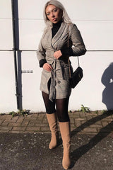 Brown Check Horn Button Belted Blazer Dress - Portlyn-Dresses