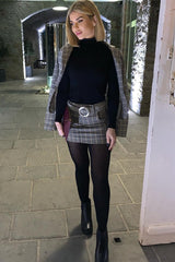 Brown Check O Ring Belted Mini Skirt - Alfa-Skirts