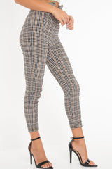Brown Checked High Waist Tapered Tie Belt Trousers - Airis-Trousers