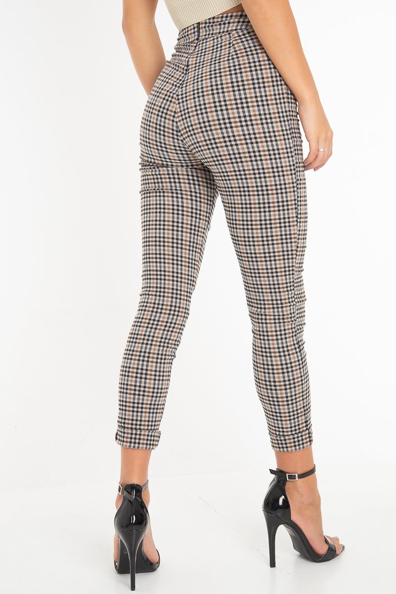 Brown Checked High Waist Tapered Tie Belt Trousers - Airis-Trousers
