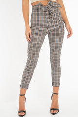 Brown Checked High Waist Tapered Tie Belt Trousers - Airis-Trousers