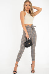 Brown Checked High Waist Tapered Tie Belt Trousers - Airis-Trousers