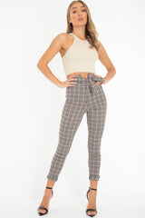 Brown Checked High Waist Tapered Tie Belt Trousers - Airis-Trousers