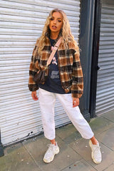 Brown Checked Zip Up Front Teddy Jacket - Adriane-Coats