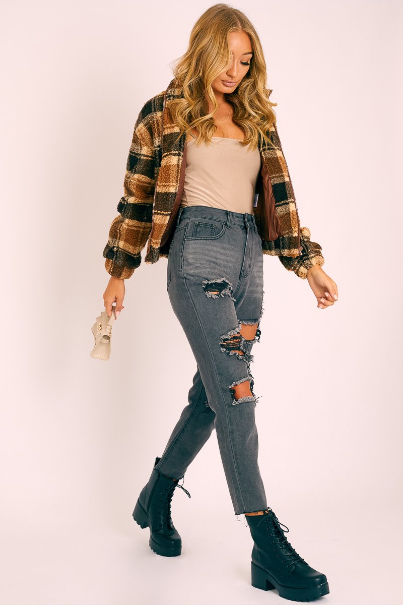 Brown Checked Zip Up Front Teddy Jacket - Adriane-Coats