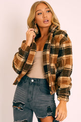 Brown Checked Zip Up Front Teddy Jacket - Adriane-Coats