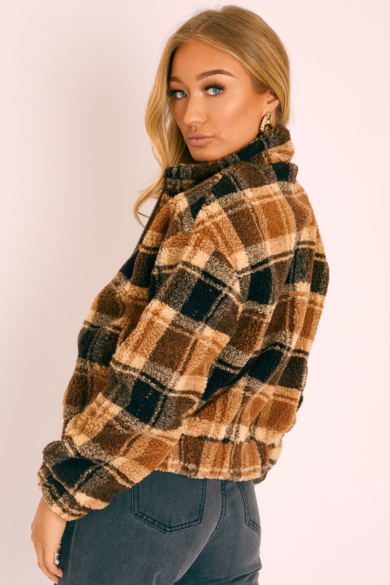 Brown Checked Zip Up Front Teddy Jacket - Adriane-Coats