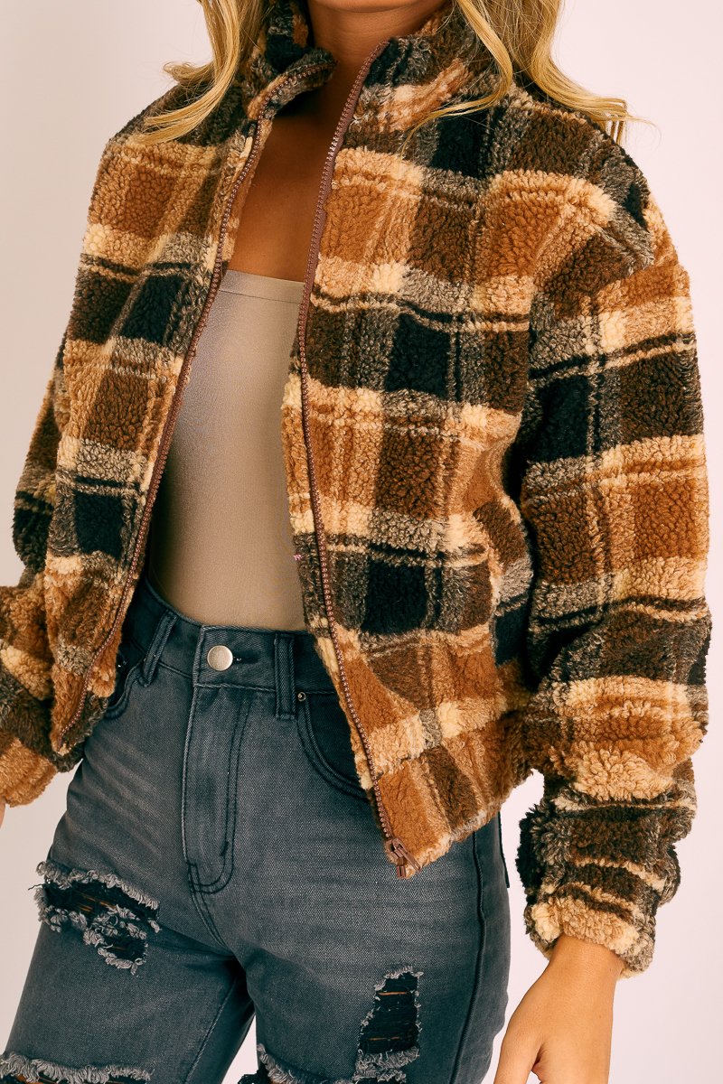 Brown Checked Zip Up Front Teddy Jacket - Adriane-Coats