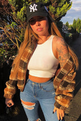 Brown Checked Zip Up Front Teddy Jacket - Adriane-Coats