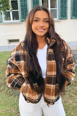 Brown Checked Zip Up Front Teddy Jacket - Adriane-Coats