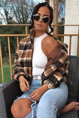 Brown Checked Zip Up Front Teddy Jacket - Adriane-Coats