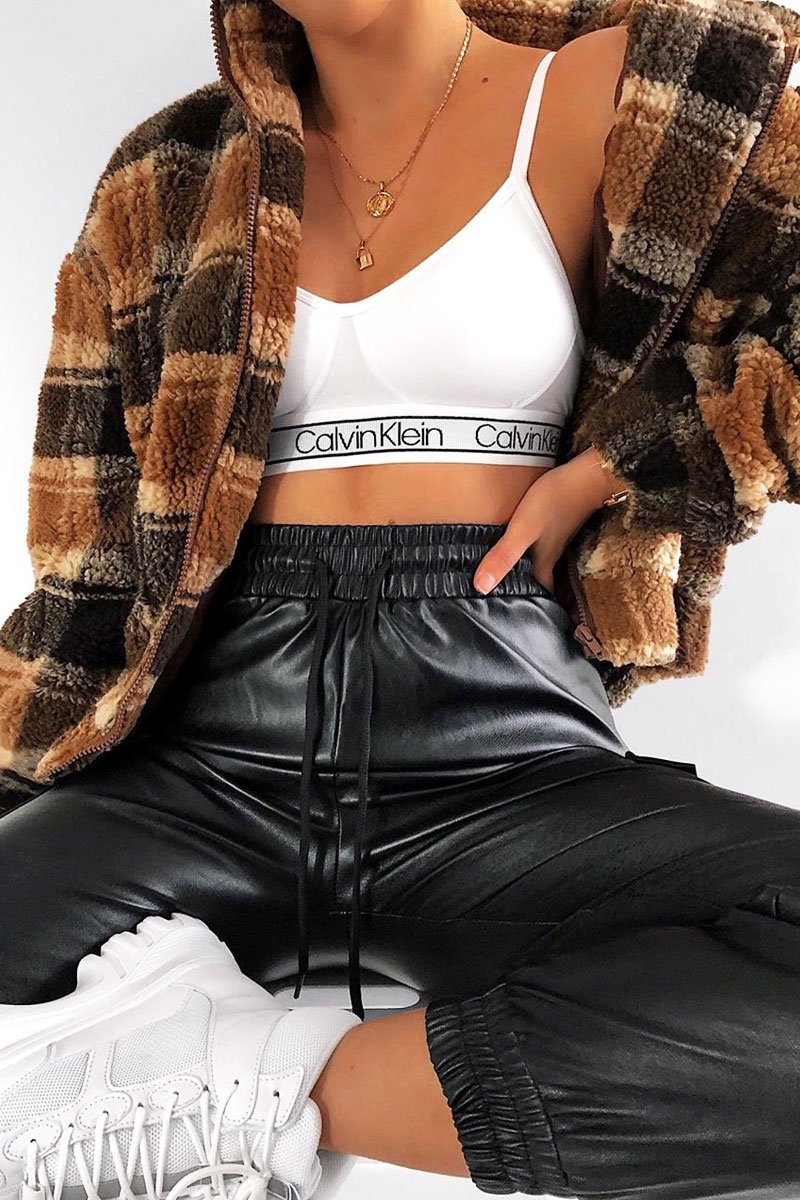 Brown Checked Zip Up Front Teddy Jacket - Adriane-Coats