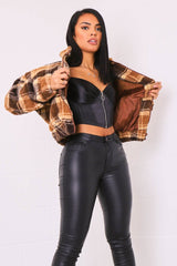 Brown Checked Zip Up Front Teddy Jacket - Adriane-Coats