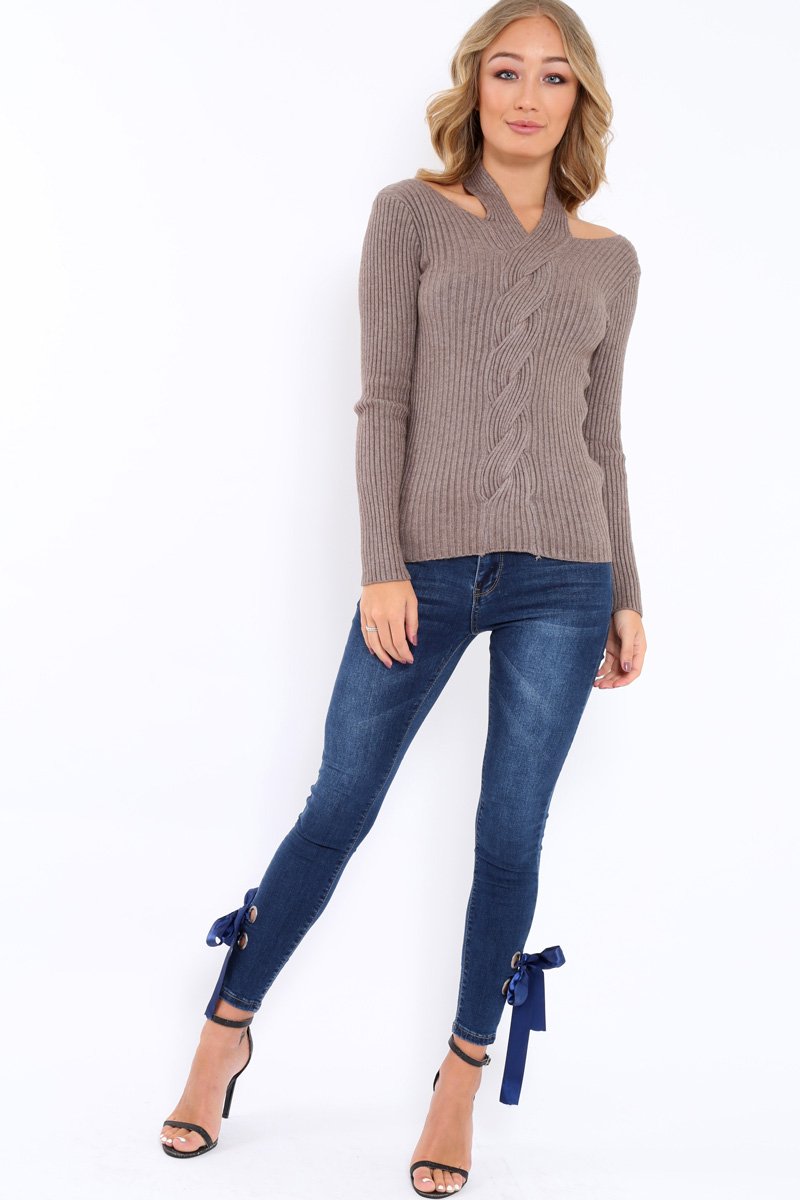 Brown Choker Twist Knit Jumper - Maya-Jumper