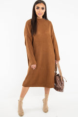 Brown Chunky Knit Slash Neck Jumper Dress - Hessie-Dresses
