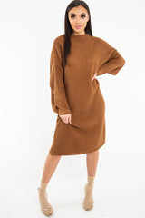 Brown Chunky Knit Slash Neck Jumper Dress - Hessie-Dresses