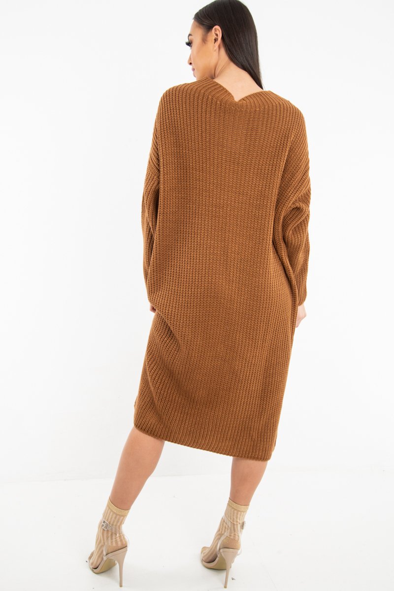 Brown Chunky Knit Slash Neck Jumper Dress - Hessie-Dresses